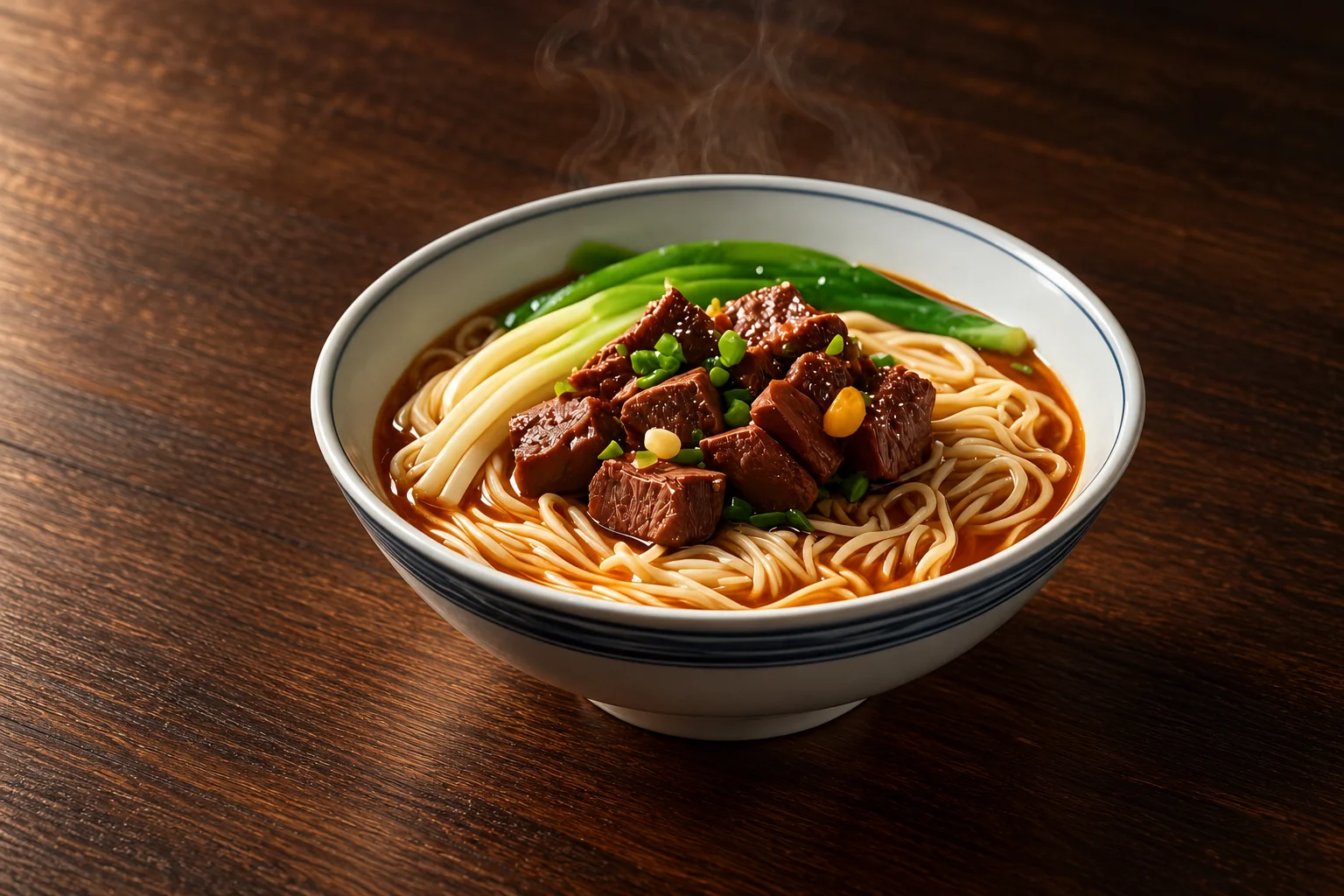Soupe de nouilles au bœuf braisé, avec du pak-choï et de la ciboule, dans un bol en porcelaine.