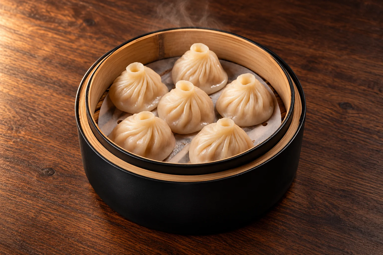 Six xiao long bao dans un panier vapeur noir et bambou.