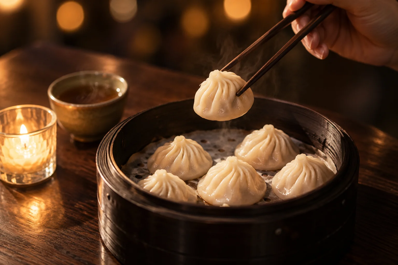 Paniers vapeur de xiao long bao à la lueur d’une bougie, une main prend un raviolis aux baguettes.