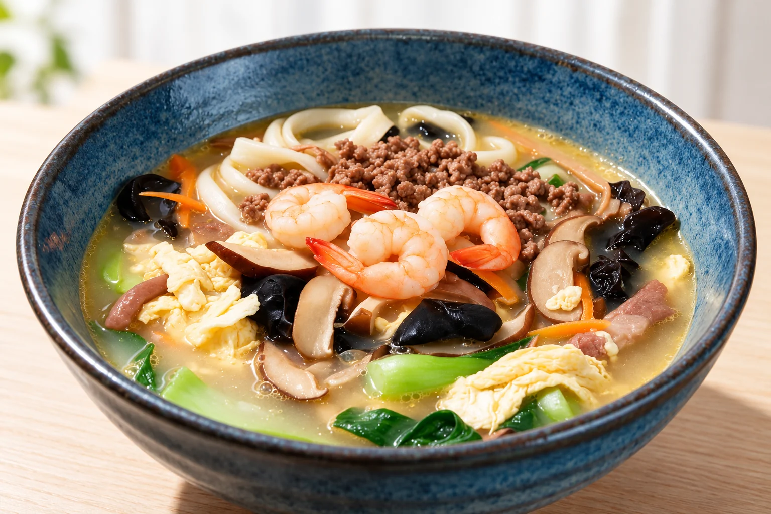 Bol bleu de soupe de nouilles aux crevettes, à la viande hachée, aux champignons noirs et aux œufs.
