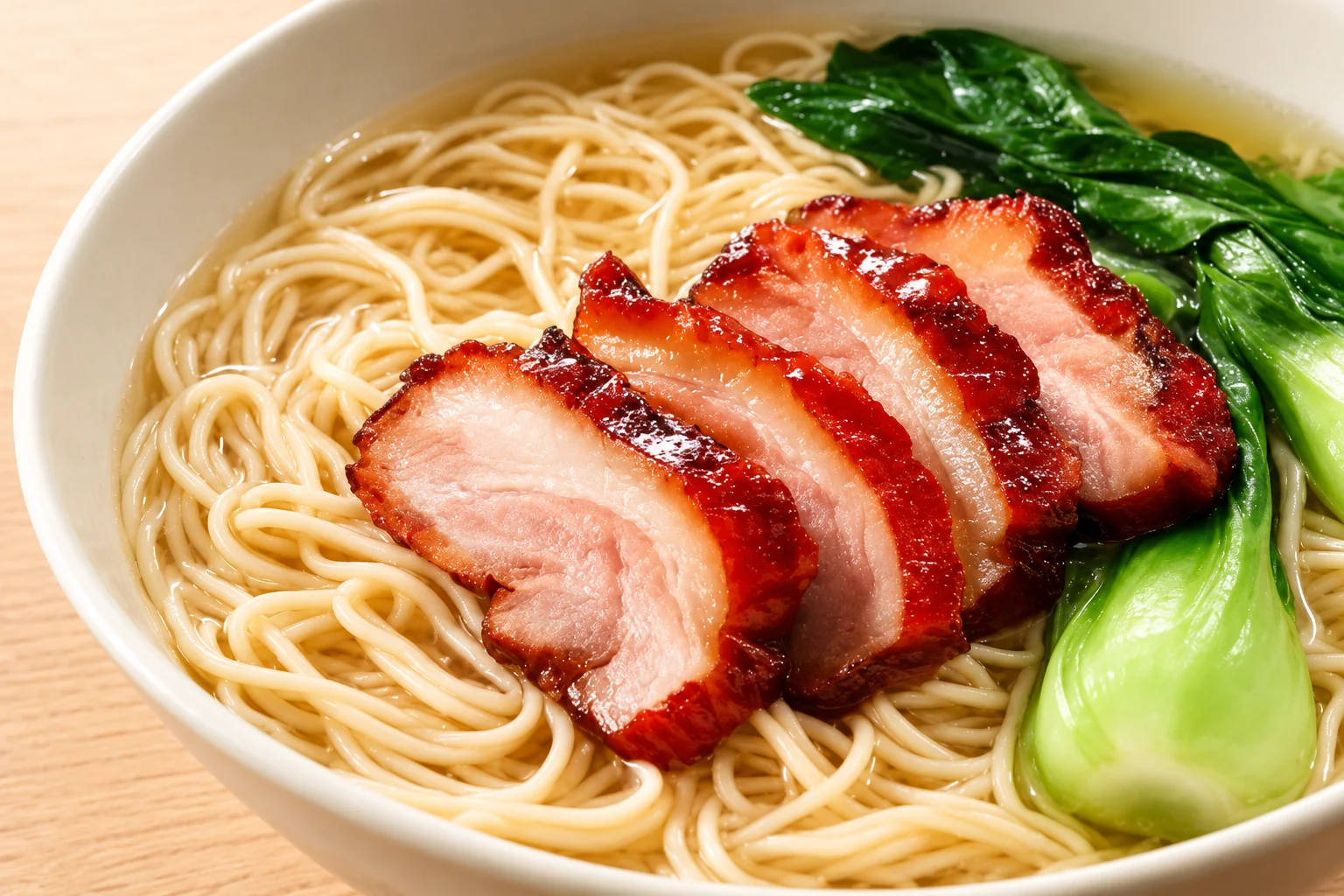 Bol blanc de nouilles fines et de tranches de porc laqué, avec du pak-choï.
