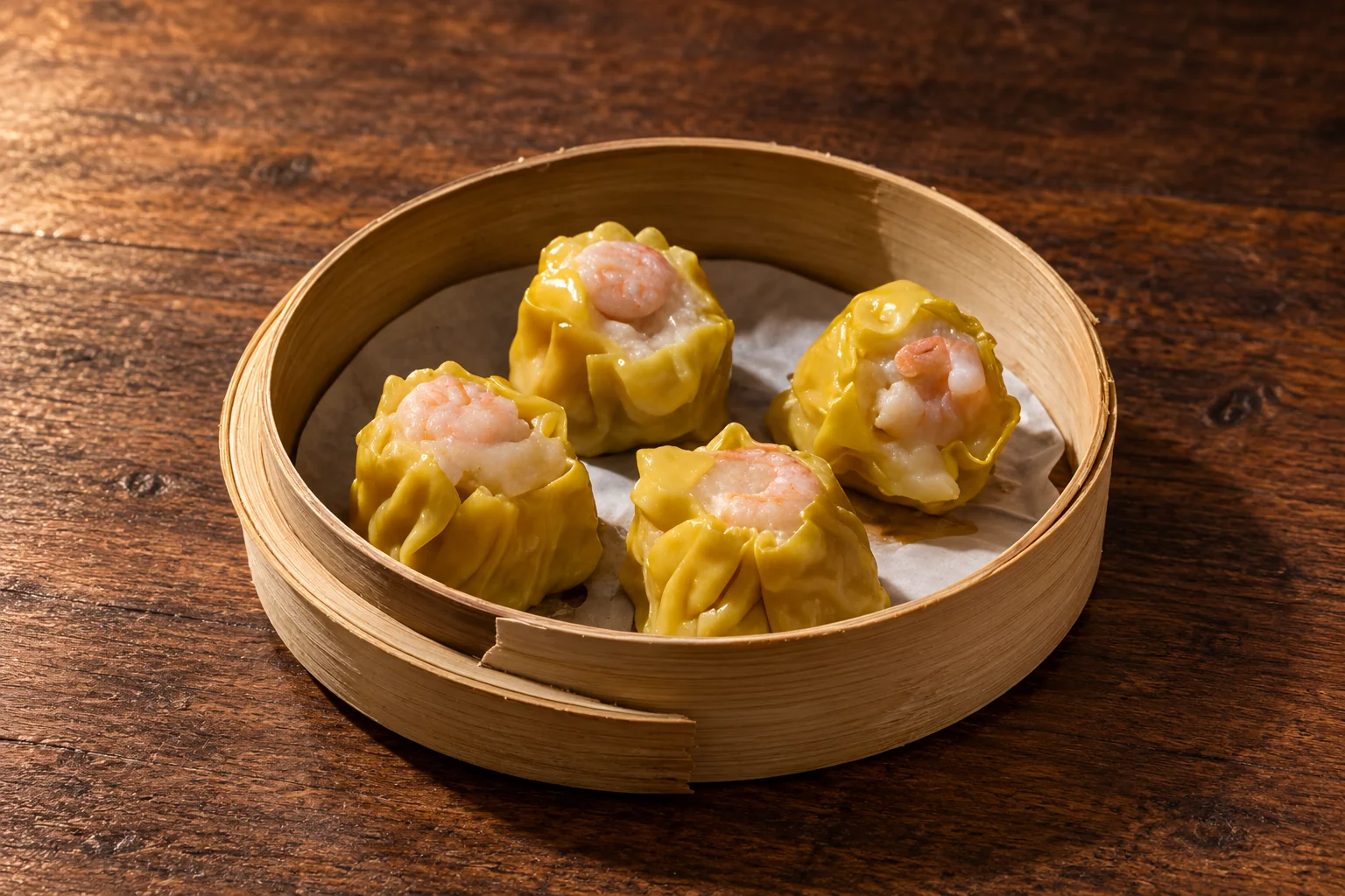 Quatre siu mai dans un panier en bambou.