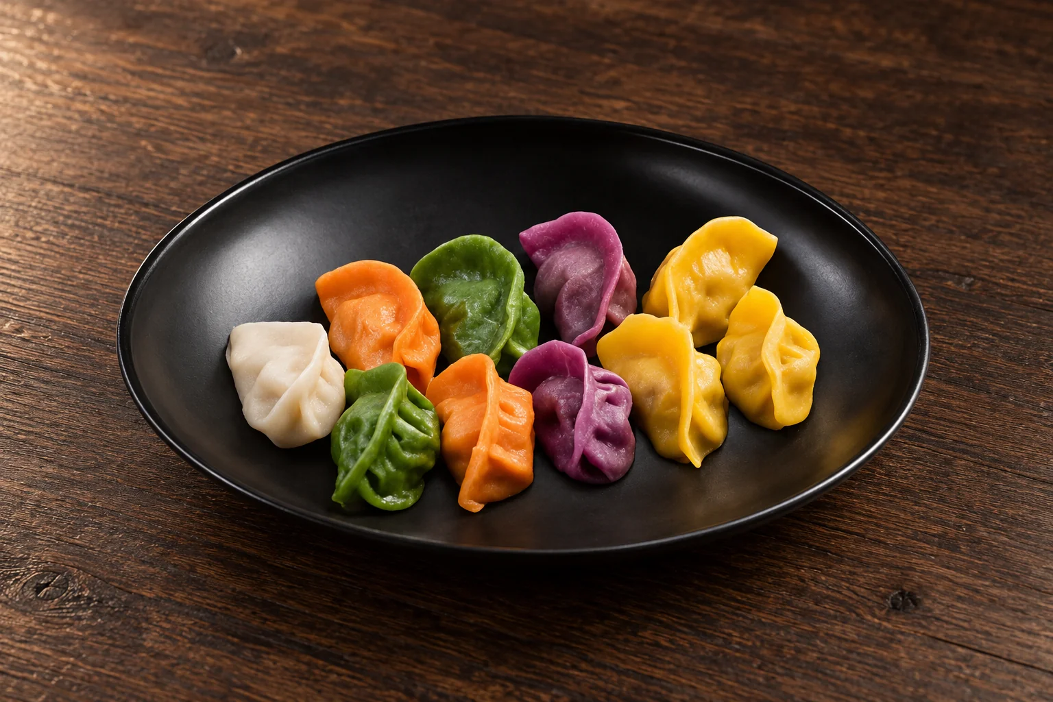 Dix raviolis blancs, orange, verts, violets et jaunes sur une assiette noire.